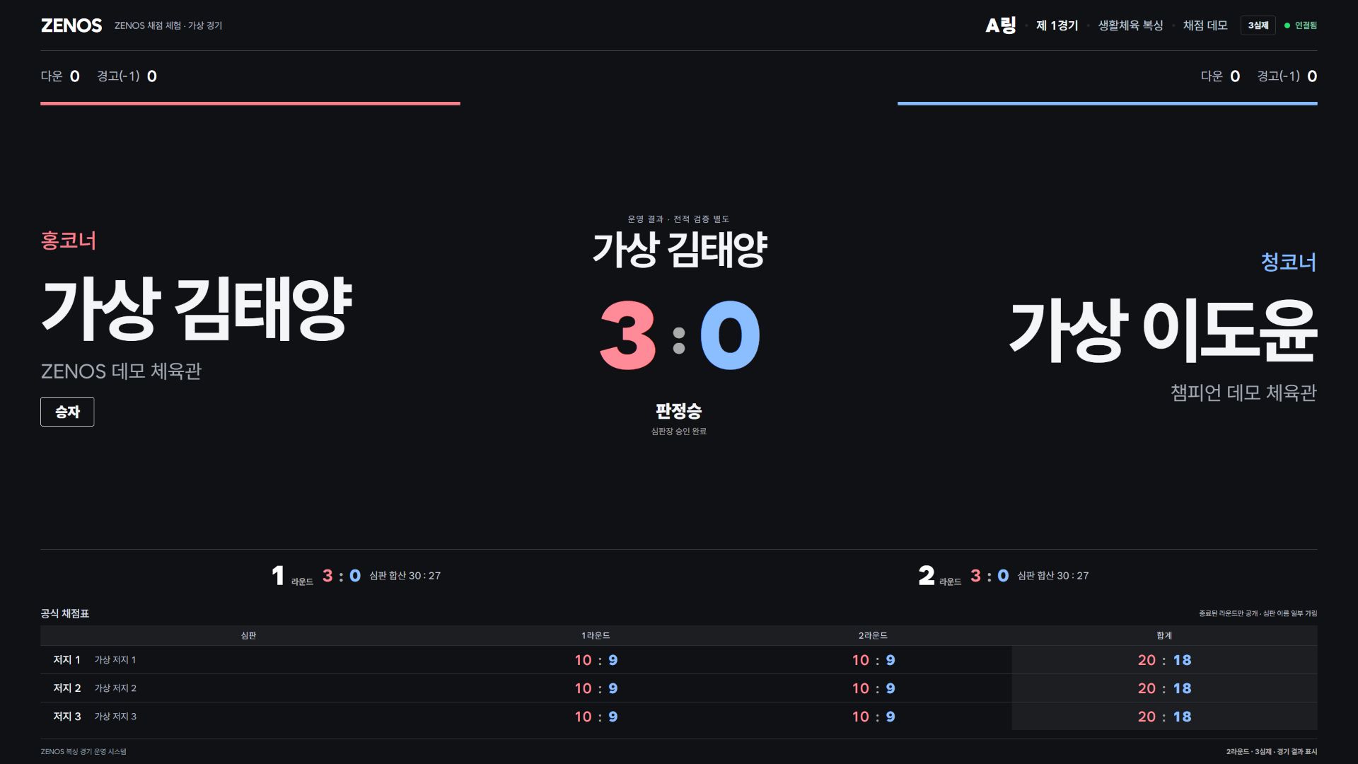 예시 선수와 점수가 표시된 실제 전광판 데모 화면